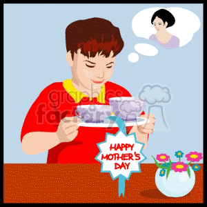 Clipart image of a child holding a tray with cups, a ribbon saying 'Happy Mother's Day', and a thought bubble of a mother figure, alongside a vase with flowers.