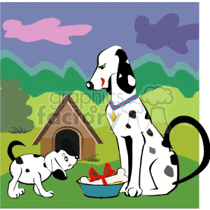 A cartoon image featuring a mother Dalmatian and her puppy near a doghouse with a bowl of bones on a sunny day.