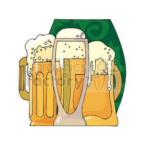 Clipart image of various beer mugs filled with frothy beer, associated with holidays like St. Patrick's Day and Oktoberfest.