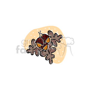 The image is a clipart illustrating a collection of autumn-themed items. It features leaves in different shapes, commonly associated with fall, and a couple of nuts which are often harvested during this season. The fall leaves are in shades of brown, indicating they might be oak leaves, and the nuts resemble acorns, which are iconic in autumn visuals.