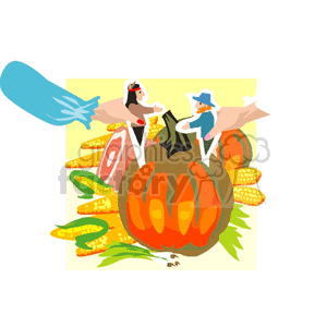 Thanksgiving-themed clipart featuring a pumpkin, corn, and symbolic figures of a Pilgrim and a Native American.