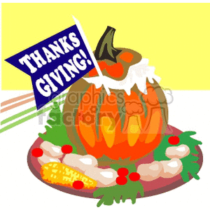 A festive clipart image featuring a decorated pumpkin with a 'THANKSGIVING' flag, surrounded by traditional Thanksgiving foods like corn and greens.