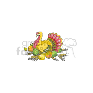 This image depicts a colorful cartoon turkey with its tail feathers fanned out in a typical display. Around the turkey, there are various autumn fruits such as apples and possibly squash or gourds, along with sheaves of wheat, which are all symbolic of the Thanksgiving holiday and the harvest season.