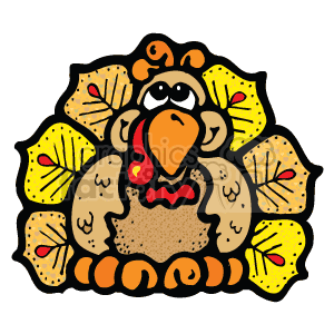   The clipart image features a stylized cartoon turkey. It has an oversized body with a pattern resembling feathers, and its tail is fanned out displaying an array of autumn colors with leaf-like patterns. The turkey