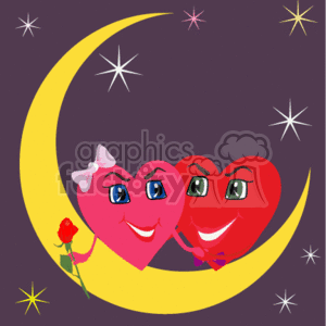 Two Hearts Pink and Red Sitting on the Moon Happy