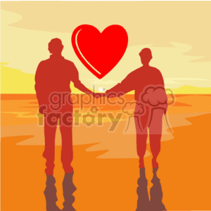   In the clipart image, there is a silhouette of a couple holding hands on a beach at sunset or dusk. A large heart is shown above their hands, symbolizing love. The background is a gradient of warm colors, suggesting the romantic ambiance of a sunset on Valentine