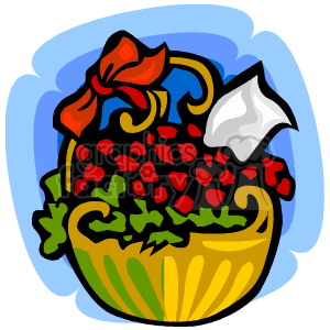 The clipart image depicts a basket full of red flowers with green foliage. There is a big red bow tied to the handle of the golden basket, and a backdrop of blue shades gives the impression of a romantic or festive setting.