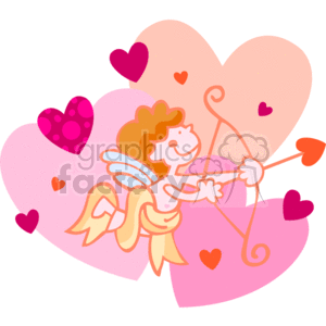   The clipart image features a cartoon representation of Cupid, the Roman god of love, with wings, aiming an arrow with a bow surrounded by multiple stylized hearts in varying sizes and shades of pink and red. These elements are often associated with Valentine