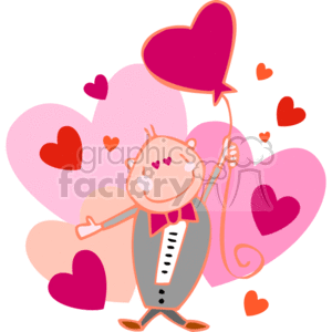 The clipart image depicts a cheerful cartoonish character, who is likely a stylized man or guy, holding a heart-shaped balloon. The character is wearing formal attire with a bow tie and has a happy expression on its face. In the background, there are multiple hearts varying in sizes and shades of pink and red. The hearts create a festive backdrop that suggests themes of love and Valentine's Day. The character seems to be surrounded by a joyful atmosphere appropriate for a celebration of love.