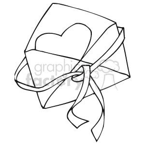   The image is a black and white clipart of an envelope tied with a ribbon. There is a heart shape visible on the envelope, suggesting that it could be a love letter or a Valentine