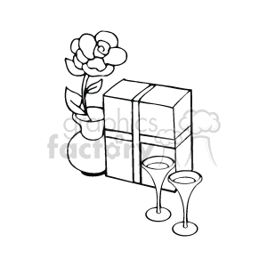 The clipart image depicts a bunch of flowers in a vase, a wrapped gift, and two wine or champagne glasses. These items are often associated with romantic celebrations such as Valentine's Day.