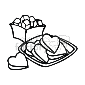   The image is a black and white clipart depicting an open box of chocolates alongside a plate filled with heart-shaped candies or cookies. This image creates a Valentine
