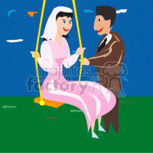 This clipart image features a bride sitting on a yellow swing with her pink dress flowing down. The groom is standing next to the swing, holding onto the ropes, presumably pushing or steadying the swing. Both characters are depicted with smiling faces, suggesting a joyful and playful moment. The background is a simple blue sky with a few white clouds and birds, indicating an outdoor setting. The grass below hints at a park or garden environment.