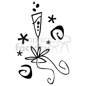 Stylized clipart of a champagne glass with decorative swirls and star-like elements.