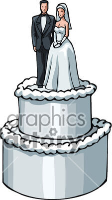 Clipart image of a wedding cake with a bride and groom topper.