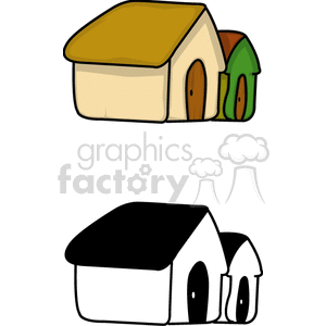 Cartoon-style clipart of two simple house illustrations, one in color and one in black and white.