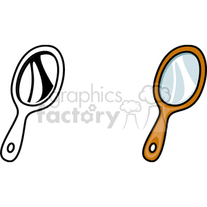 A clipart image featuring two hand mirrors, one with a wooden handle and the other in black and white. Both mirrors display reflective surfaces with curved lines indicating shine.