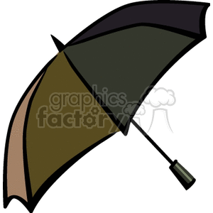 A clipart image of a multicolored umbrella with a black handle, tilted to the right.