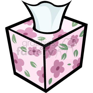 Clipart image of a decorative tissue box with a floral design, featuring tissues coming out of the top.