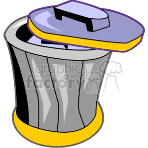 Clipart image of a gray trash can with a partially open purple lid.