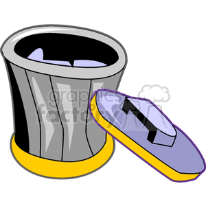 Clipart image of a metal trash can with a lid beside it.