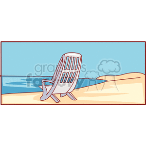 A clipart image of a beach scene featuring an empty plastic chair facing the ocean.