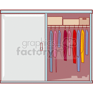 Clipart image of a closet featuring a coat rack with various clothes hanging and storage boxes on the shelf.