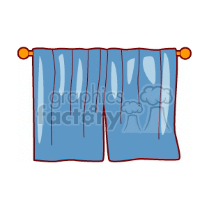 Clipart image of blue curtains hanging on a window rod.