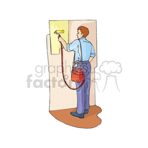 Clipart image of a person painting a wall with a paint roller and sprayer.