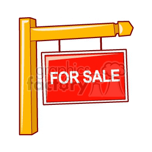 A clipart image of a red 'For Sale' sign hanging from a wooden post.