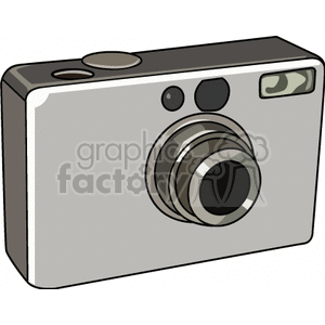 An illustration of a digital camera in gray tones with a visible lens and buttons.