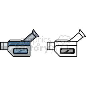 Clipart illustration of two video cameras in color and black and white versions, showcasing a side view with an angled lens.