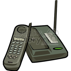 A clipart image of a cordless landline telephone with a base unit and antenna.