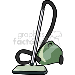 Cartoon clipart of a green vacuum cleaner with a hose and nozzle.