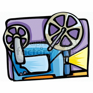 Colorful clipart illustration of a vintage film projector with reels.