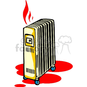 Clipart of a portable radiator heater on wheels with red heat waves indicating warmth.