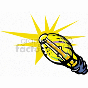 A colorful, stylized drawing of a glowing light bulb with bright rays emanating from it.