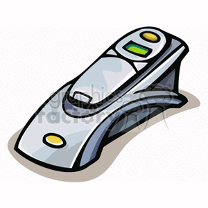 Clipart image of a cordless phone sitting flat on a base station with colorful numbers in the background.