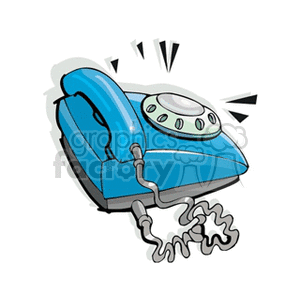 Clipart image of a blue rotary telephone with a coiled cord.