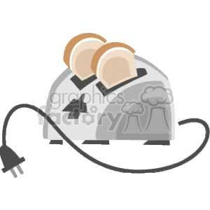 The image depicts a clipart of a toaster with slices of toast. The toaster appears to be a traditional two-slice model with a visible knob and lever for operation. The cord and plug indicate that it's an electric appliance. It's a simple graphic, likely used for household or kitchen-related content.