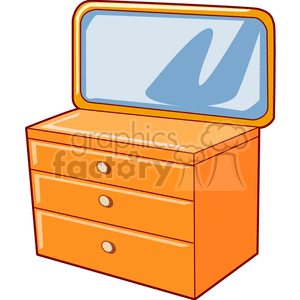 An orange dresser with three drawers and a mirror attached on top, illustrated in a clipart style.