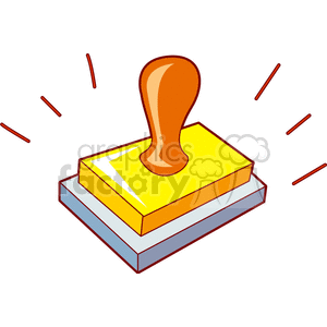 This is a vector clipart image of a rubber stamp with a brown handle and a yellow base. The stamp is shown in a tilted position with emphasis lines around it.