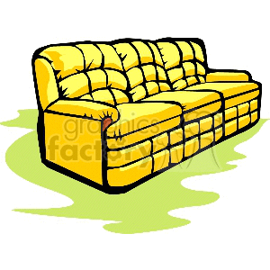 A clipart image of a bright yellow, tufted sofa with a green area rug underneath.