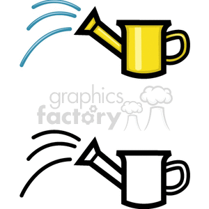 Clip art of two watering cans, one in color and one in black and white, both watering plants with curved water streams.