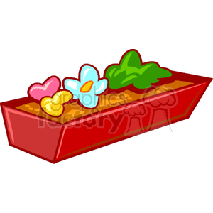 Clipart image of a red flower box containing colorful flowers and green plants.