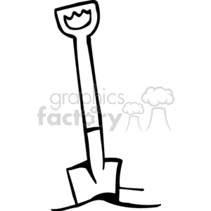 A black and white clipart image of a shovel stuck into the ground, featuring a simple, cartoon-style design.