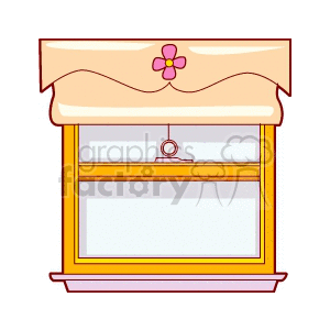 A clipart image of a kitchen window with a colorful curtain featuring a flower design.