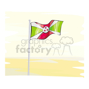 The image features the national flag of Burundi on a flagpole. The flag has a white diagonal cross dividing it into alternating red and green areas, with a white disk at the center containing three red six-pointed stars outlined in green.