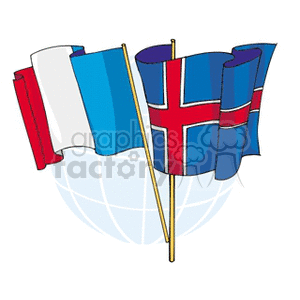 This image features three flags: from left to right, the national flag of France, known for its vertical tricolor of blue, white, and red; the national flag of Norway, with a red background crossed by a blue cross outlined in white; and the national flag of Iceland, which has a blue background with a red cross outlined in white. Behind these flags is a stylized representation of a globe with latitude and longitude lines.