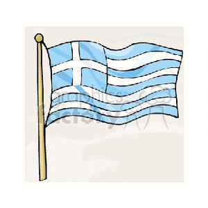 The image shows a stylized representation of the flag of Greece, which is characterized by its blue and white horizontal stripes and a white cross on a blue square in the upper left corner. It is mounted on a flagpole and appears to be waving, indicating it might be depicted in a windy environment.